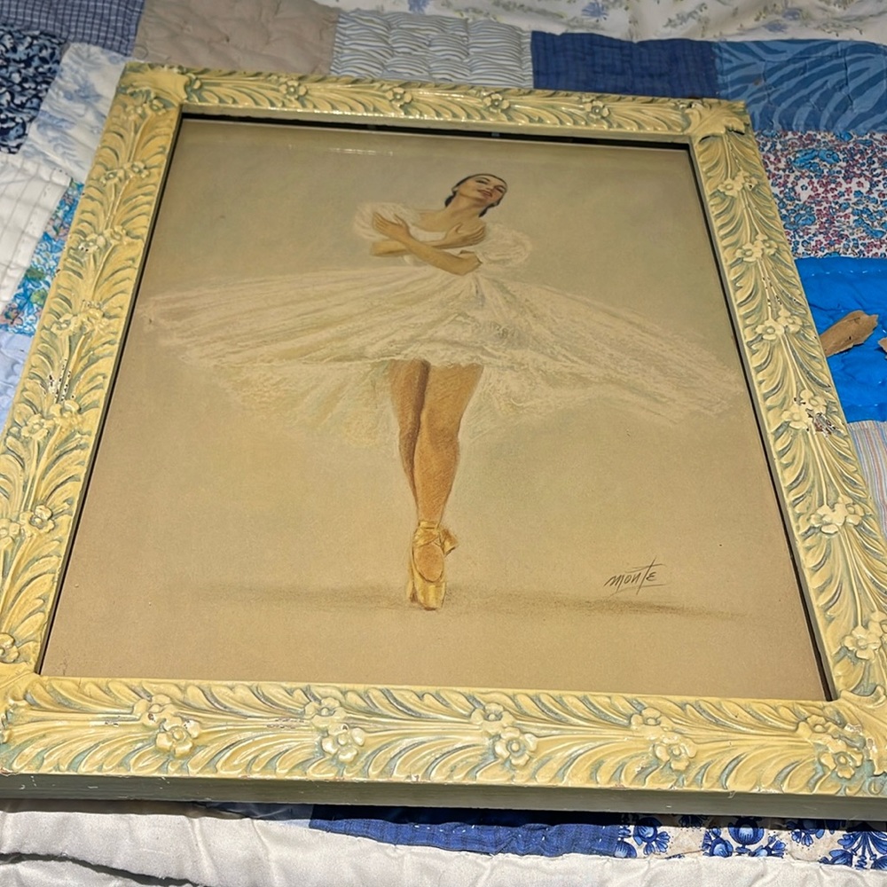 Signed Monte ballerina print in white, numbered frame A3107. Vintage 1950’s